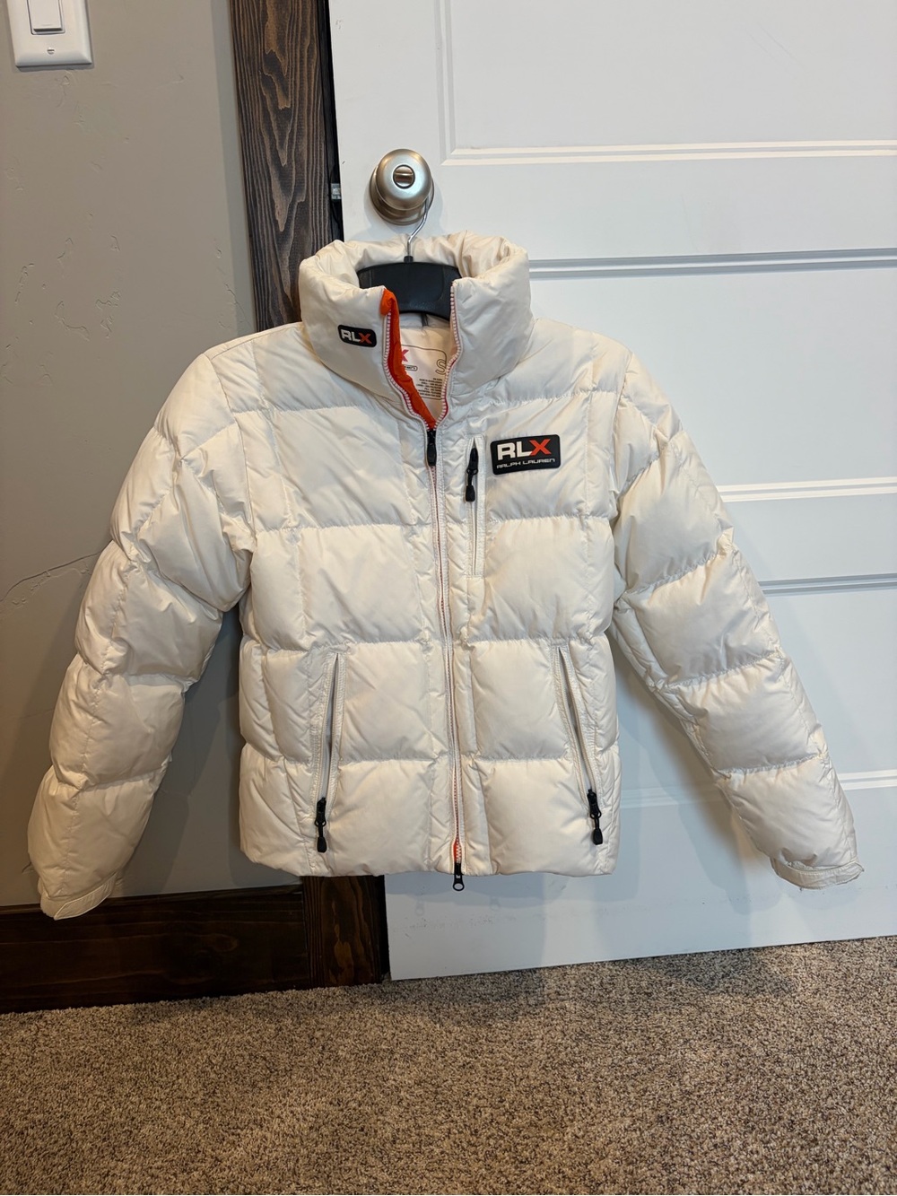 Ralph Lauren RLX Cream Puffer Jacket with Orange Trim